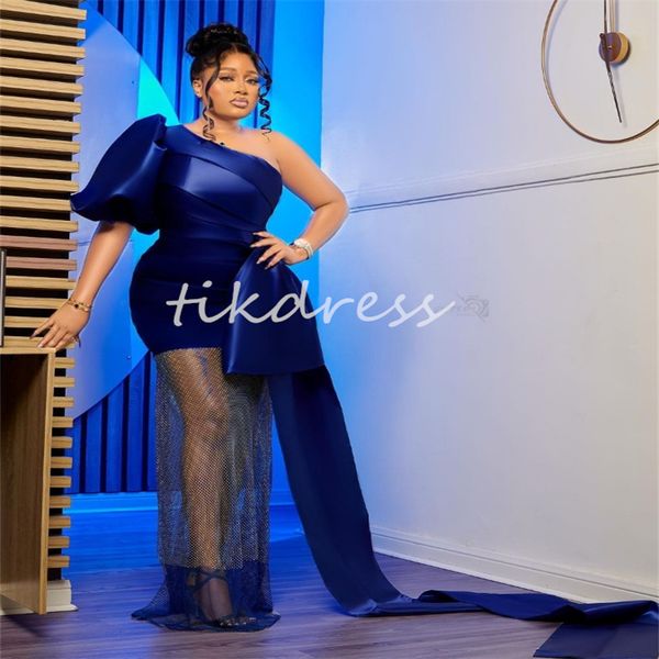 Abiti da ballo blu navy unici per donne nere a una spalla a manica corta plus size abito da sera aso ebi occasione formale brthday festa indossare ragazze nere vestiti fiesta