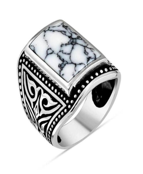 Серебряное кольцо мужчин с прямоугольником белого сырого бирюзового каменного листового мотива, изготовленного в Турции Сплошные 925 Cluster Cluster Rings75508199949153