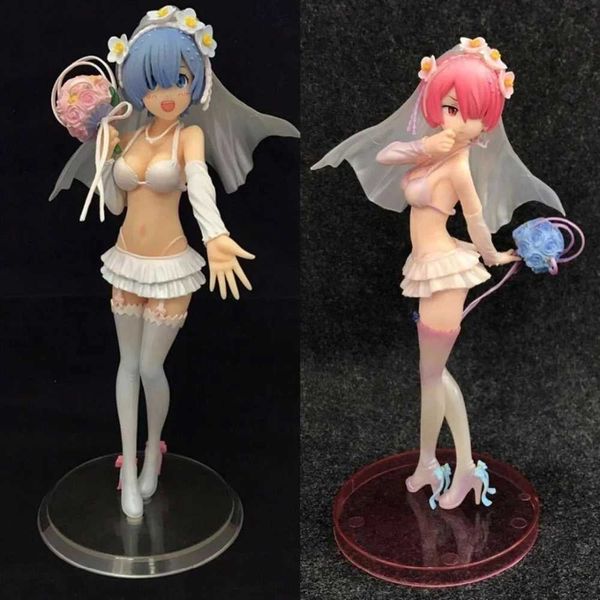 Anime Manga Life de diferentes mundos com zero morte ou beijo Rem Ram Vestido de noiva Versão PVC Ação Character Modelo Toy Doll 23cml2404