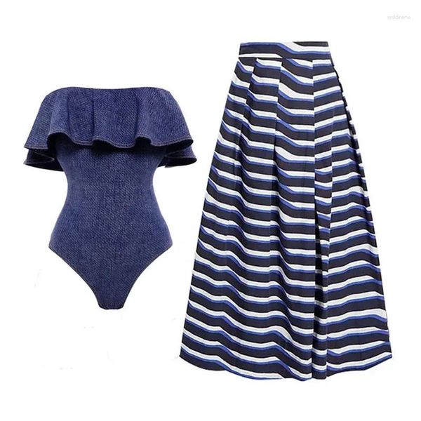 Roupas de banho feminina 2024 maiôs do ombro com babados de jeans estampados de uma peça de roupa de praia biquínis