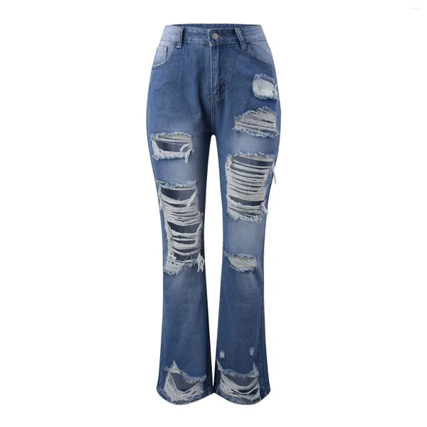 Calça feminina Fashion buraco quebrando jeans altas perna lisa e lisa de jeans abostados com bolsos