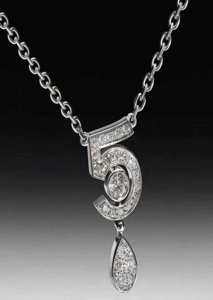 Marchio puro 925 gioielli in argento sterling per donne lettera 5 diamante caduta acqua a ciondolo carino floreale party di lusso collana di marca5065252