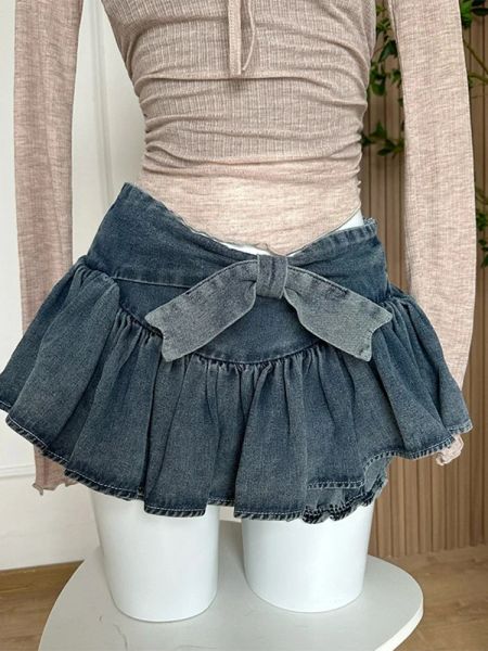 Skirtskorts aline mulheres jeans azul jean shorts 2023 verão bow girls girls mini -tela de rua sexy y2k irregular kawaii coquette