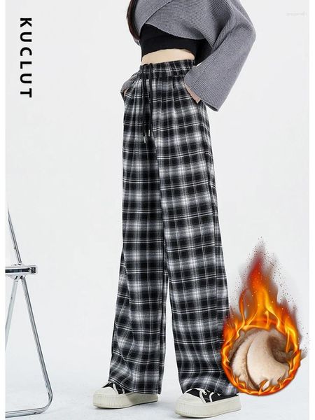 Calça feminina Kuclut Velvet Plaid Woman Casual Casual Loue Legal perna larga de inverno quente Moda