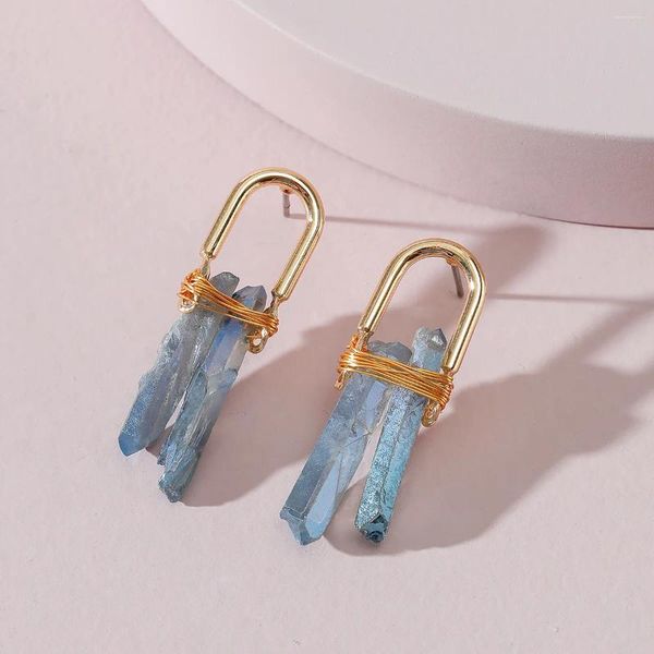 Orecchini per borchie Donne Dichiarazione di rame fatta a mano alla moda con orecchini in quarzo naturale in pietra blu