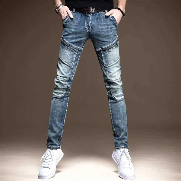 Herren Jeans Spring- und Herbst -Retro -Motorrad -Reißverschluss -Designer Klassiker Ultra Thin Panel Denim Street Clothing 90s Punk Work Mens Hosen Q240427