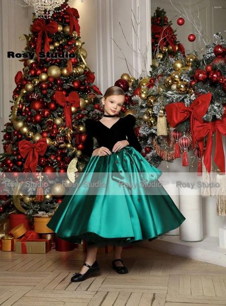 Girl Dresses Vintage Velvet Girl's Prom del ballo a V-Neck Tè Lunghezza Emerald Green Kids Natalizia Abito Floro Abito Abito da concorso