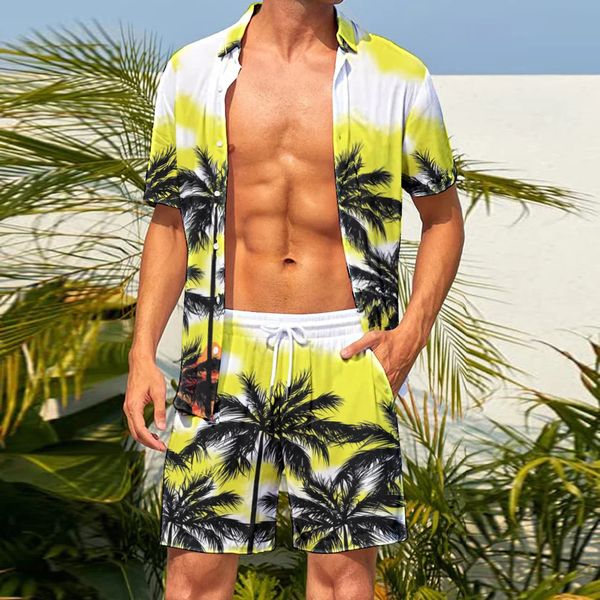 Мужская гавайская рубашка и шорты с двумя частями модного флип-воротника пуговица с коротким рубашкой набор цифровой печати пляжная уличная одежда 240422