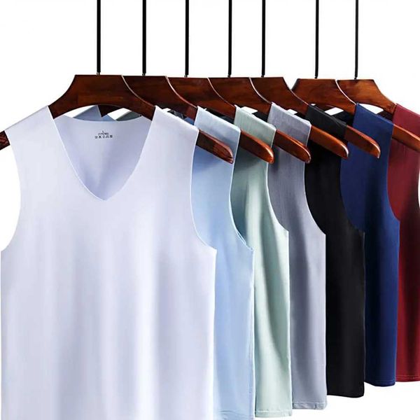 TATOPS HOMENS Mens Summer Ice Silk Silk T-shirt Sleeveless V-deco