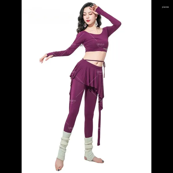 Bühnenbekleidung Modal Bellydance Kostüm 2 -Stück Set Frauen Üben Daumenfinger Langarm Langarm Top Rock Pant Fairy Rave Outfit Sexy Tanzkleidung