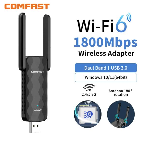 Карты Wi -Fi 6 USB -адаптер беспроводной Wi -Fi Dongle 1800 Мбит/с 2*2DBI Антенна Сетевой карты 5G/2,4 ГГц Axe Axe Axe High Gain Adapter для настольного компьютера