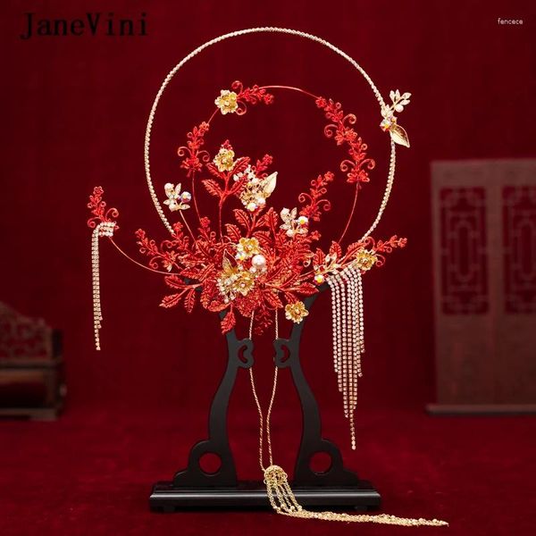 Hochzeitsblumen Janevini Luxus Brauthand -Fans rotes Metallblätter funkelnder Perlen chinesischer Bouquet Bräute Halter Fan Ramo de Boda