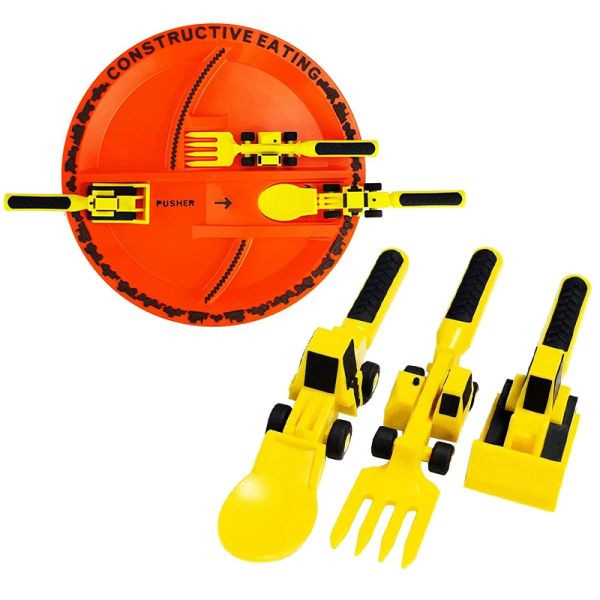 Sets Kinderauto Bulldozer Bagger Tischgeschirr Sets Kinderspielzeug Dinnerplattenmesser Gabel Spoon Shovel Tares Kits Kits Scooper Cutlery