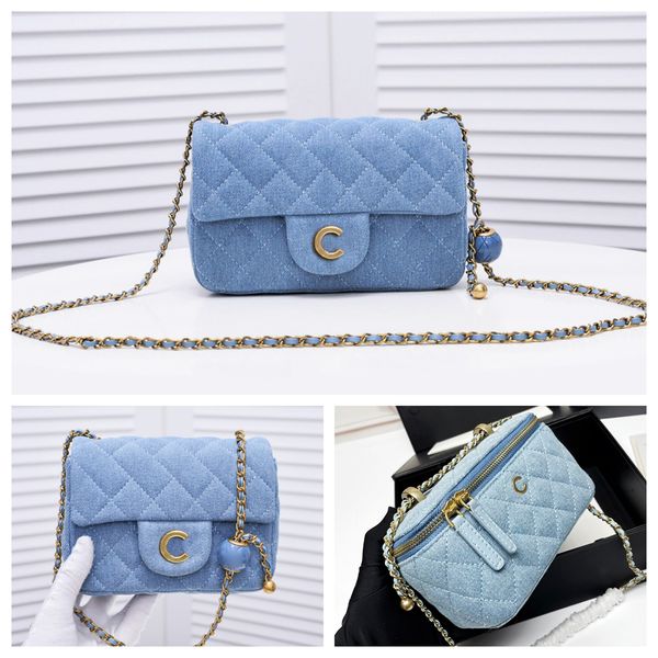 Denim Designer -Tasche Frauen trendy Denim Umhängetaschen Kettenbeutel Designer Jean Crossbody Bag Golden Ball Denim Messenger Bag Sommer Mode Frauen Denim Bag Crossbody