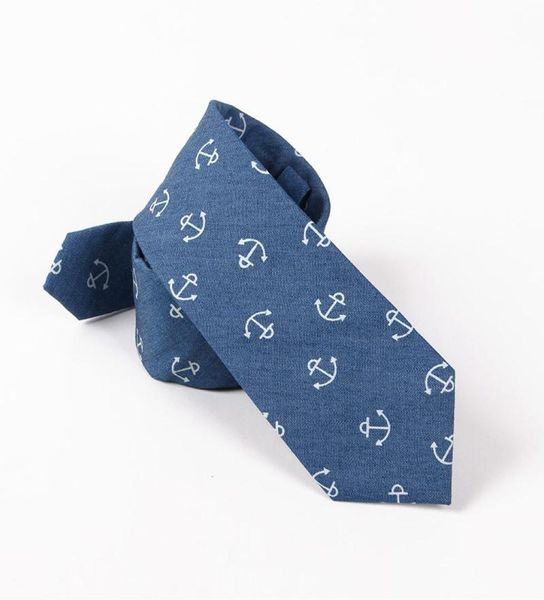 Tieset Cotton Blue Jean Navy Style Krawatte Pirate Schädel Ship039s Anker Fischbone Element Krawatte Casual Style for Men Style1387664