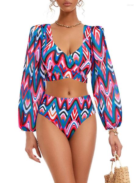 Swimwear femminile 2024 Croce lunga manica lunga 2 pezzi Bikini da bagno da bagno femminile bagno imbottito bagno che nuota da bagno da nuoto abito da spiaggia estivo