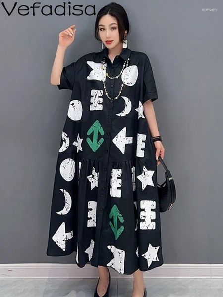 Вечеринка платья Vefadisa 2024 Summer Women Women Black Dress Press Print Prant Pather Proto Оборочная рубашка юбка персонализированная плиссированная девушка повседневная ZY1182