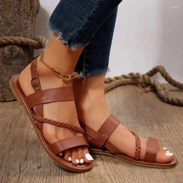 Lässige Schuhe Solid niedrige Absatzkautschuksandalen für Frauen2024 Sommer Fashion Ladies One-Line-Schnalle Open Toed PU Frauen