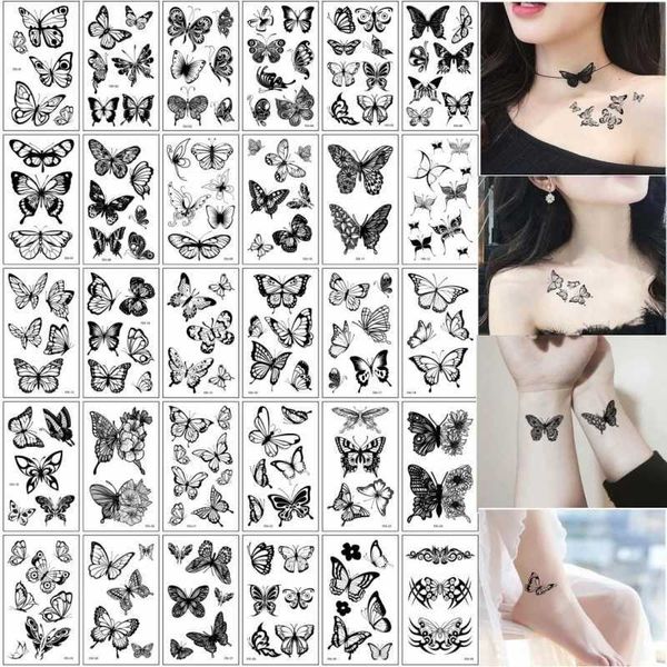 Transferência de tatuagem 30pcs/lote 3d Butterfly Tattoos Fake adesivos para mulheres meninas Tattoo de transferência preta