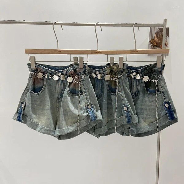 Shorts femminile Denim vintage per donna gradazione della catena di rilegatura Streetwear Designer A-Line Tague perline jean Short Summer Drop