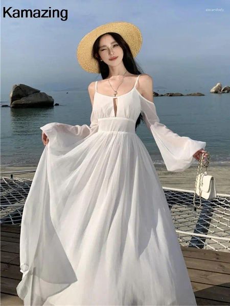 Sıradan elbiseler yaz beyaz tatil plaj uzun elbise kadın kapalı omuz sırtsız pist vestidos Kore şık a-line sundress kıyafetler