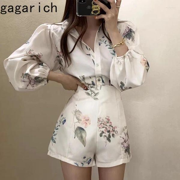 Femininos de tracksuits femininos Gagarich Flores vintage Print Color Contrast Contrast Sonan Lapeel Single Breast Bream Buff Speas Camisa High Wide Wide perna