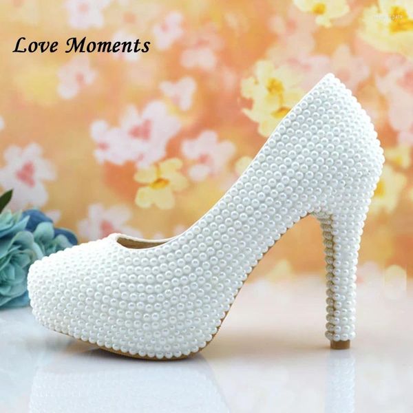 Scarpe per vestiti Love Moments White Pearl Wedding Bridal Eleganti donne fatte a mano pompe su tallone vera donne in pelle