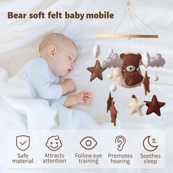 L40P Mobiles# Baby Chaz de madeira Felt Ur Bear Cartoon Cama móvel pendurada brinquedos para recém-nascidos 0-12 meses Educação brinquedos pendurados na cama Bell Cribs D240426