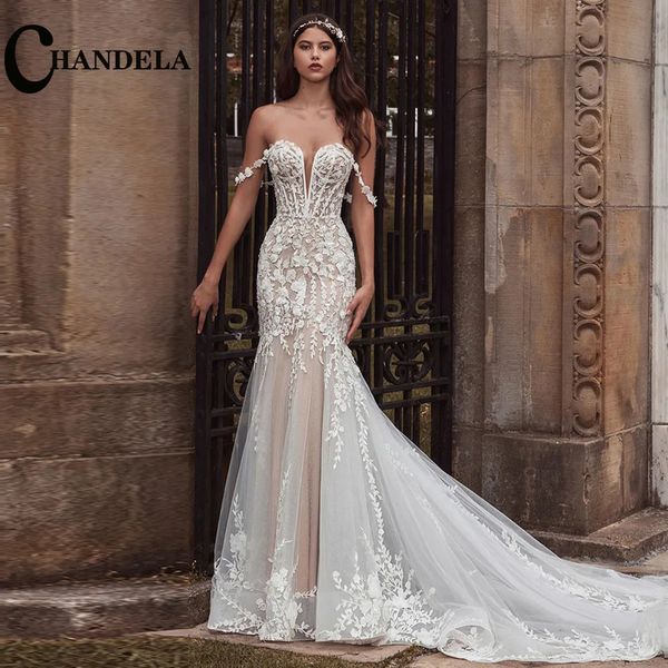 Chandela encantadora vestidos de noiva SCOOP SPAGHETTI Apliques de trompete de trompete do vestido de noiva de Mariee para mulheres personalizadas 240424