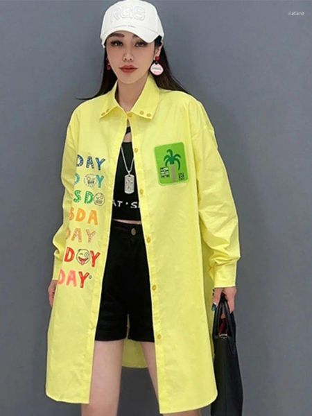 Kadınlar bluz vefadisa 2024 yaz sarı beyaz kadınlar gömlek mektup baskılı uzun kollu gevşek aşınma hlx137