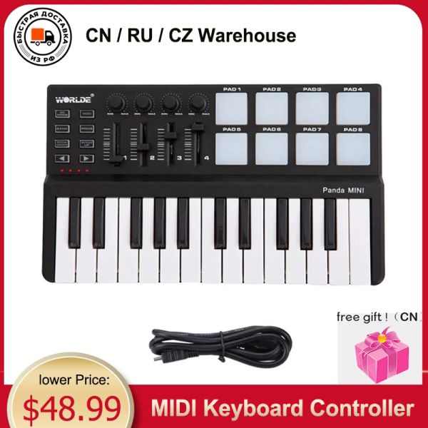 Клавички Worlde Panda Mini Portable Mini 25Key USB -клавиатура MIDI Controller и Drum Pad Midi -клавиатура Музыкальные инструменты