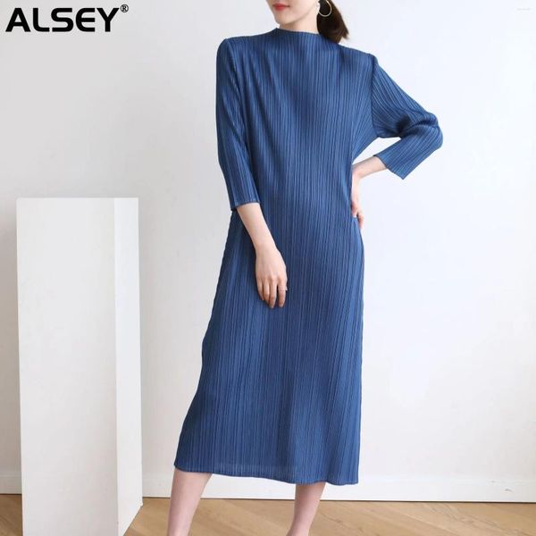 Lässige Kleider Alsey Miyake Plus Größe loser halb hoher Hals schlanker Herbst Frühling Sommer Langarm Modische Modische Feste Farbe