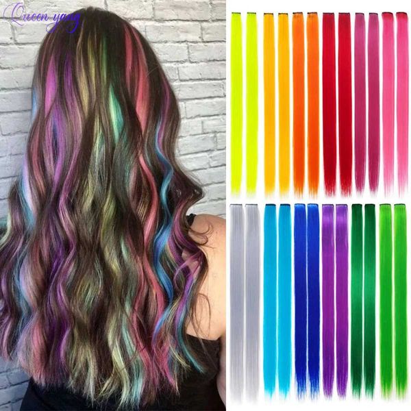 Perucas sintéticas queenyang peruca de 22 polegadas clipe de cabelo longo liso arco -íris colorido q240427