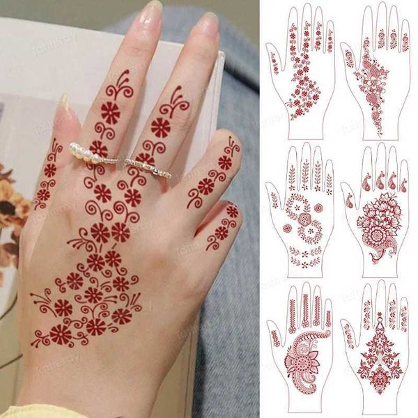 Tattoo Transfer Brown Henna Design Aufkleber Mehndi Henna Tattoo für Hand temporäre Tattoos Frauen Braut Spitze wasserdichte falsche Tatoo marokkanische Hena 240426