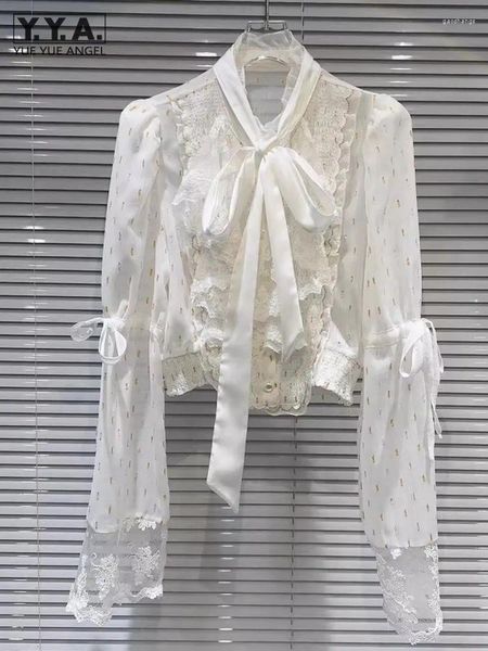 Frauenblusen französischer Stil Frauen Französische Spitze Rüschen Bluse Langschlafen Bowknot Up Office Ladies Chiffon Shirt Vintage Printed Tops
