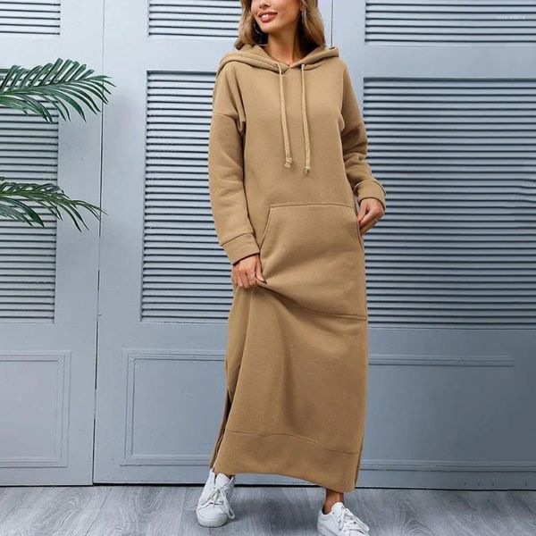 Vestidos casuais mulheres vestido de moletom de cor sólida Capuz de manga longa com capuz de manga longa outono, split de bolso dianteiro de inverno split maxi