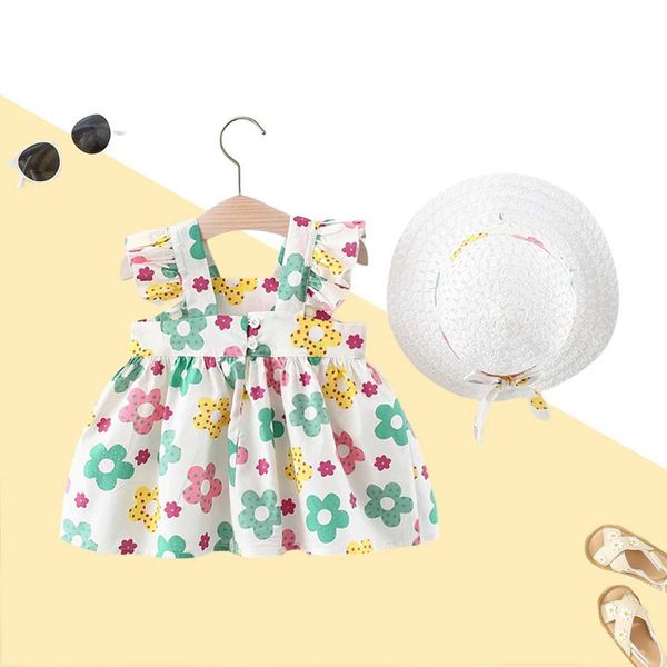 Mädchenkleider 0-3 Jahre alte Babykleid Kleid Sommer 2-teiliger Baby Beach Rock+Sonnenhut Kinderblume Baumwollkleidung