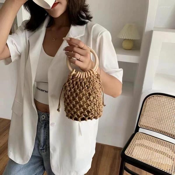 Umhängetaschen Mode handgefertigtes Drawschnellstrand Strandtasche Baumwollschnur gewebte Handtaschen für Frauen Mini Brown Runde Geldbörsen