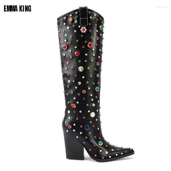 Stivali donne di lusso cristallo cowboy nero puntato punta glitter ginocchiere tacchi con cerniera di grandi dimensioni 44 scarpe firmate