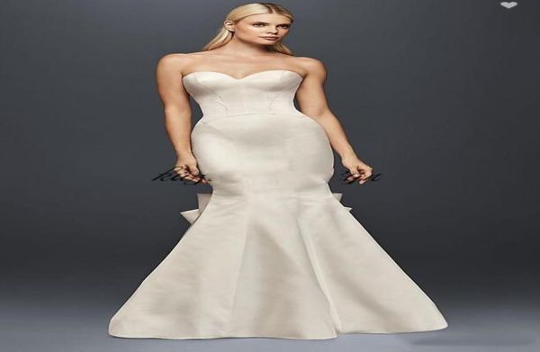 Weiße Brautkleider Brautkleider Wirklich Zac Posen Seamed Mermaid Satin Kleid mit großem Bogen bescheiden trägerloser bedeckter Knopf Fischtai6690786