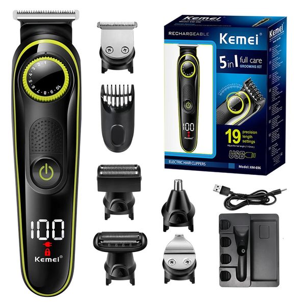 KEMEI 5 em 1 barbeador elétrico LCD para barba longa barba barbeada multifuncional USB Máquina de corte de cabelo de nariz recarregável 240420