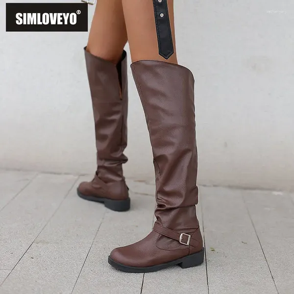 Botas Simloveyo Brand Ladies Casual redondo salto baixo SLIP 3 cm na fivela de cinto Tamanho grande 45 46 47 48 vestido duplo sapatos femininos