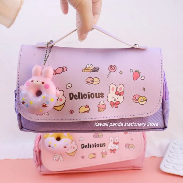 3D Kawaii Lápis Caso Donut 3 Camadas bolsa de caneta Urso fofo Urso impermeável Aestéticos Organizador da Escola de Organizador de Artigos Papelaria 240423