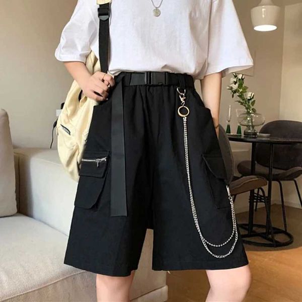 Мужские шорты Rimocy Harajuku Chain Fomens 2024 Лето большая кармана шириной ноги черная высокая талия Q240427