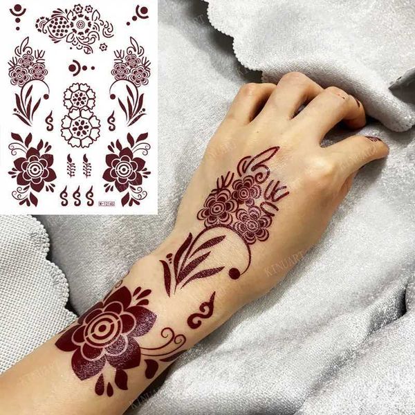 Tatuagem Transferência de Henna Brown Adesivos para Tatuagens de Henna Temporária para Flor Mãos Para Mulheres Tatoo Falsas Projetos de Medidas à prova d'água Tatuagem de casamento Hena 240427