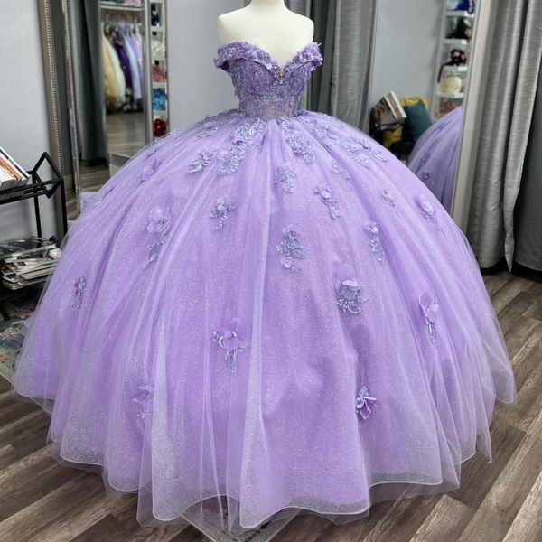 LAVENDER QUINCEANERA Abiti Applique Fiori 3D in rilievo OFF GAFFA CHE VEStitidos De 15 Anos Sweet 16 Birthday Festa Fiesta