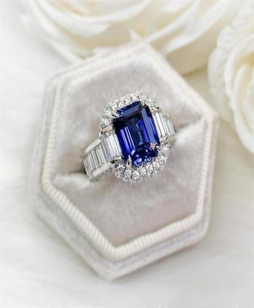 Luxusschmuck Eheringe 925 Sterling Silber Prinzessin geschnitten Blau Sapphire CZ Diamond Moissanite Party Frauen Engagement Braut RI3383231