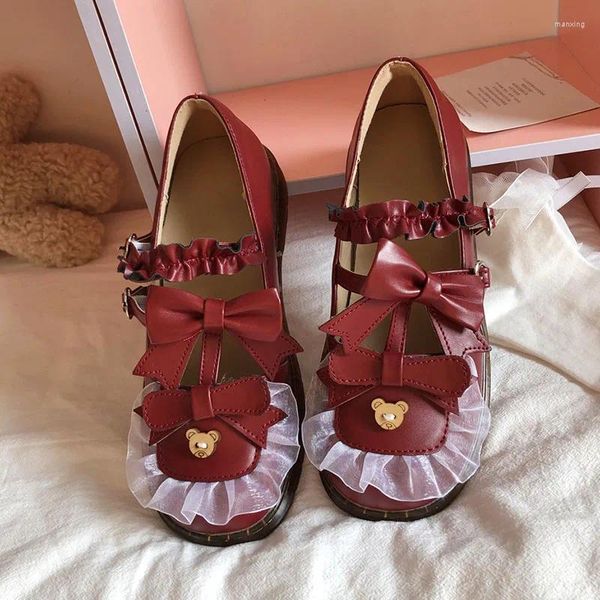 Sapatos casuais Pu couro de couro estudante de verão lolita loli jk uniforme renda princesa