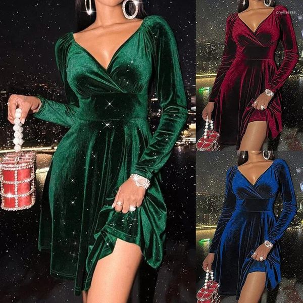 Lässige Kleider Frauen 2024 Frühlings- und Herbst-Day-Kleid Weihnachten Langsamen V-Ausschnitt mit V-Ausschnitt