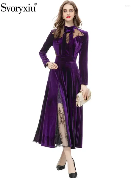 Abiti casual svooryxiu stile designer autunno party scuro viola abbigliamento lungo vestito da donna da donna collare abiti in alto in vita